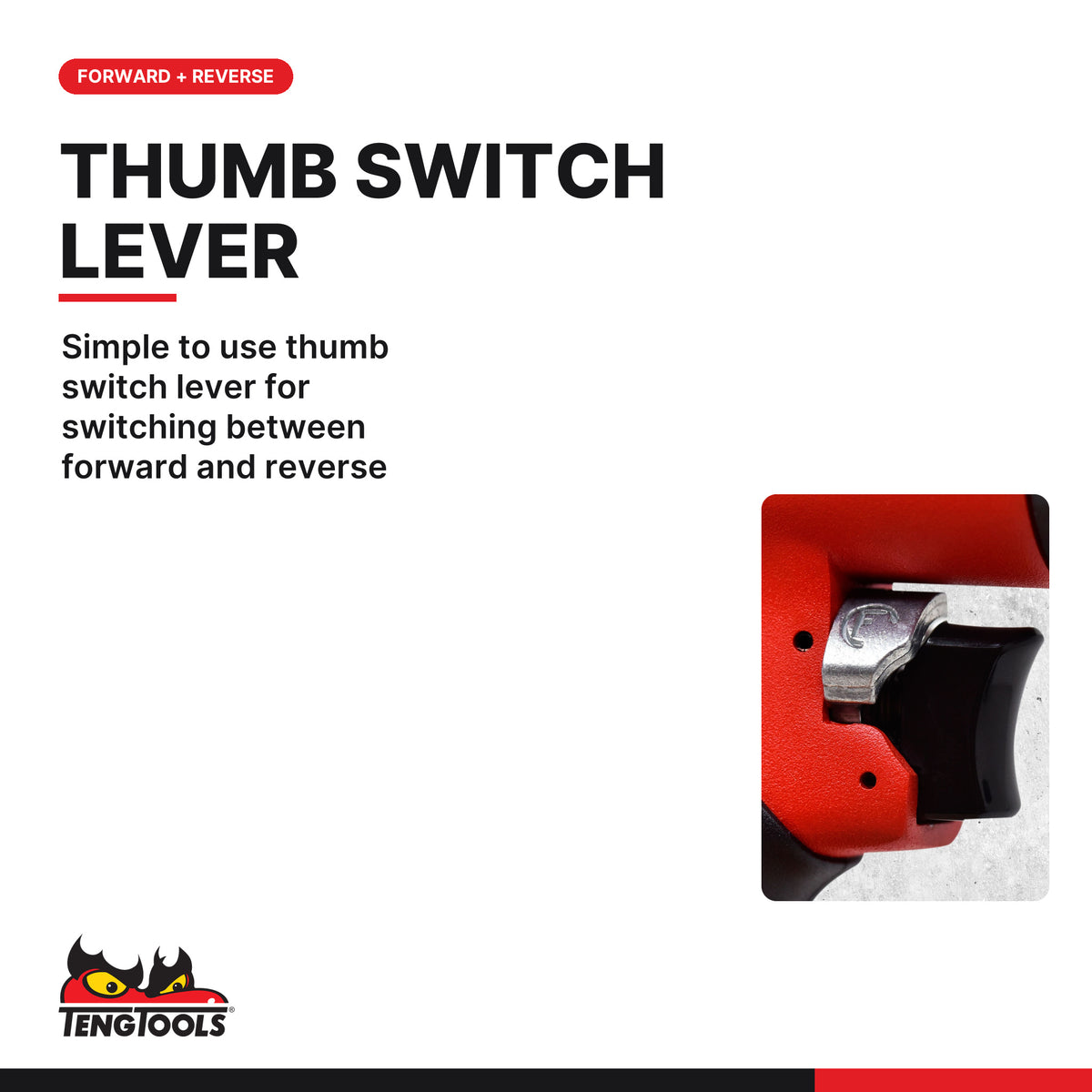 Teng Tools ARD10 10-13 mm Pistol-Grip Pneumatic Air Drill, simple to use thumb switch lever for switching between forward