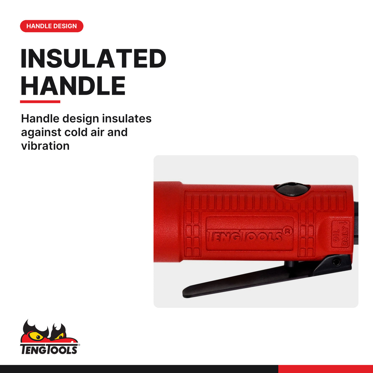 Teng Tools ARRM38 3/8 Inch Drive Pneumatic Ratchet, handle design insulates against cold air and vibration