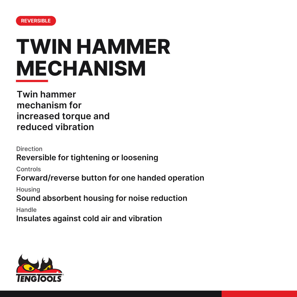 Teng Tools ARWM11S 1 Inch Drive Pneumatic Impact Gun, twin hammer mechanism for increased torque and reduced vibration