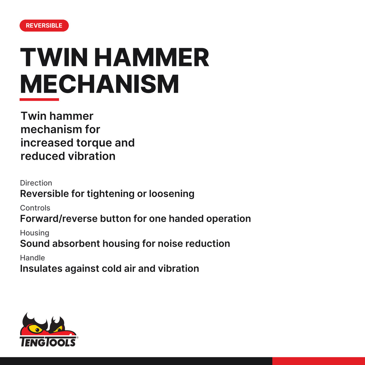 Teng Tools ARWM11S 1 Inch Drive Pneumatic Impact Gun, twin hammer mechanism for increased torque and reduced vibration