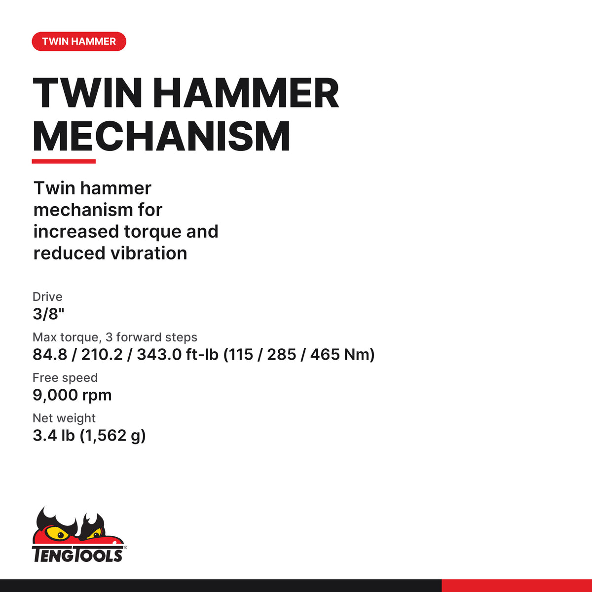 Teng Tools ARWM38 3/8 Inch Drive Air Impact Wrench, twin hammer mechanism for increased torque and reduced vibration