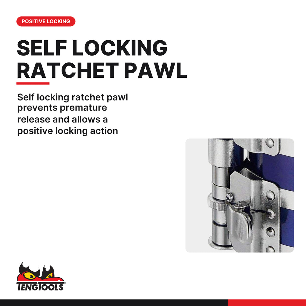 Teng Tools AT020 Piston Ring Compressor 90-175 mm, self locking ratchet pawl prevents premature release and allows a