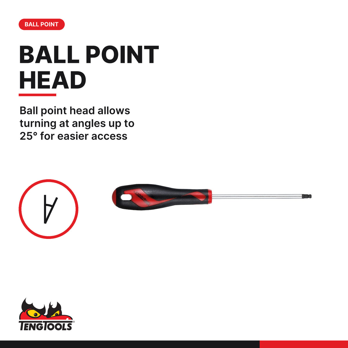Teng Tools ball point hex screwdriver, 2 to 8 mm, ball point head allows turning at angles up to 25 degrees for easier access