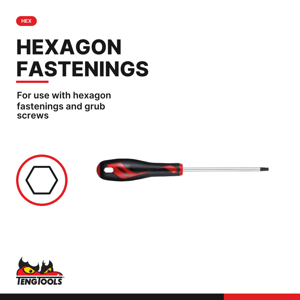 Teng Tools ball point hex screwdriver, 2 to 8 mm, for use with hexagon fastenings and grub screws