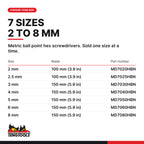 Teng Tools ball point hex screwdriver, 2 to 8 mm, seven sizes 2 mm to 8 mm, part numbers MD7020HBN to MD7080HBN