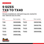 Teng Tools chrome molybdenum ball point TX key, TX8 to TX40, nine sizes TX8 to TX40, part numbers 390908BL to 390940BL