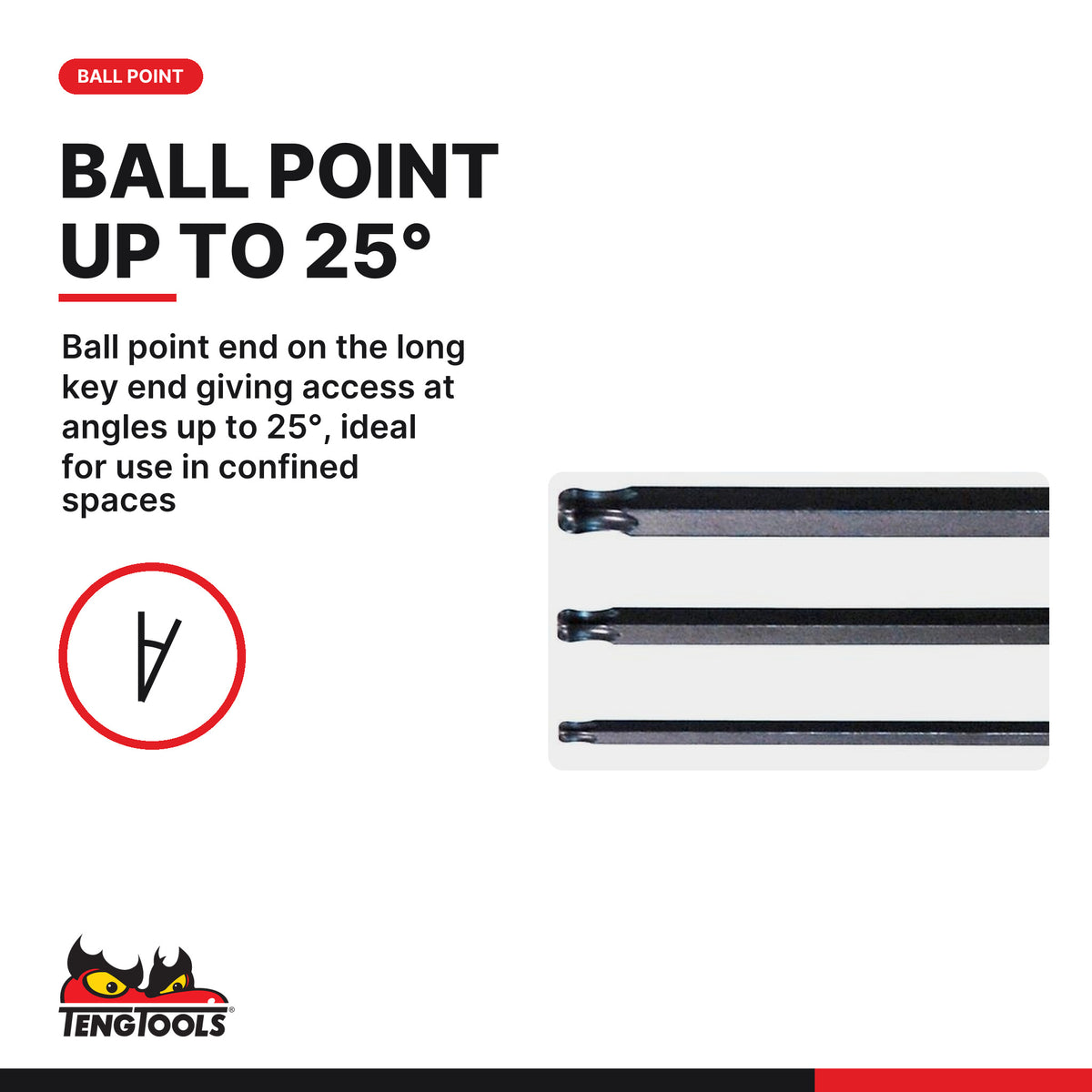 Teng Tools ball point TX key, TX8 to TX50, ball point end giving access at angles up to 25 degrees