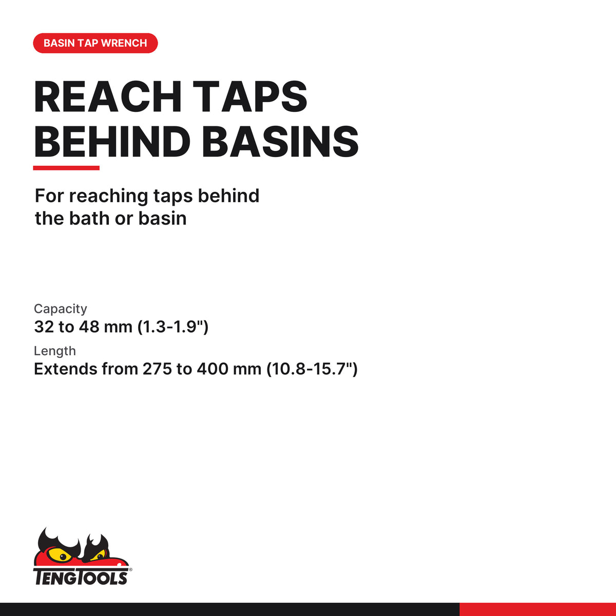 Teng Tools BWT406 Telescopic Basin Tap Wrench 275mm, for reaching taps behind the bath or basin