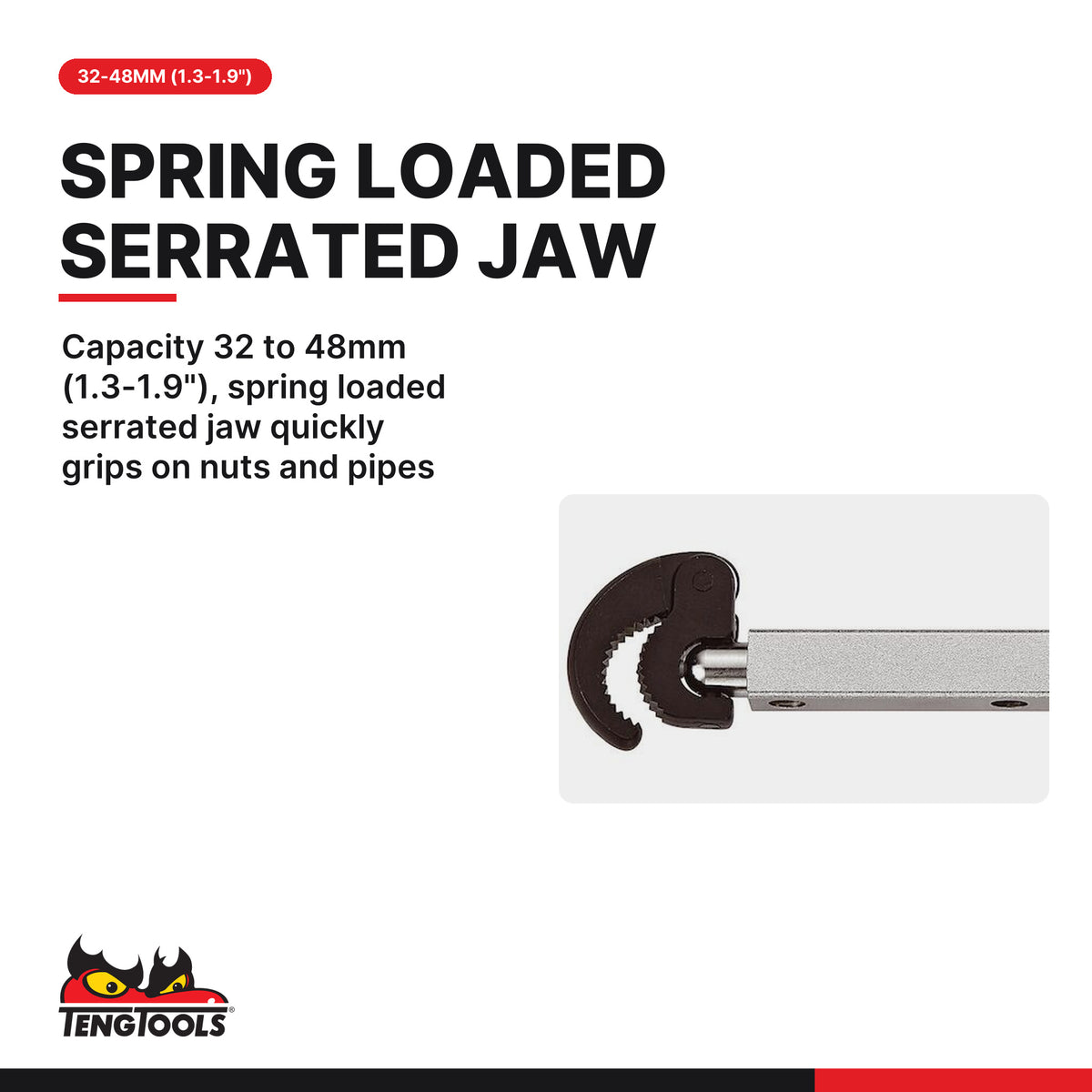 Teng Tools BWT406 Telescopic Basin Tap Wrench 275mm, capacity 32 to 48mm (1.3-1.9"), spring loaded serrated jaw quickly