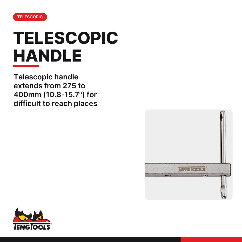 Teng Tools BWT406 Telescopic Basin Tap Wrench 275mm, telescopic handle extends from 275 to 400mm (10.8-15.7") for difficult