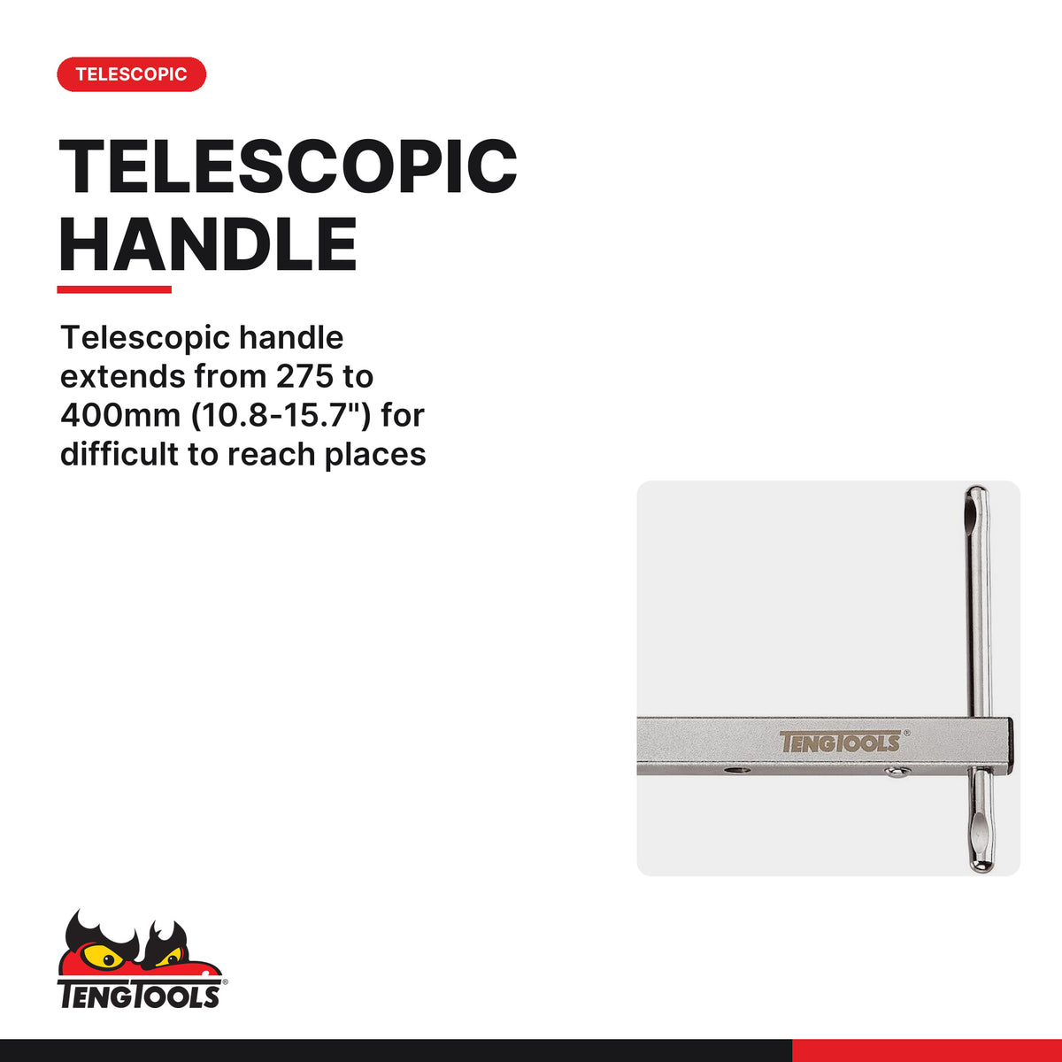 Teng Tools BWT406 Telescopic Basin Tap Wrench 275mm, telescopic handle extends from 275 to 400mm (10.8-15.7") for difficult