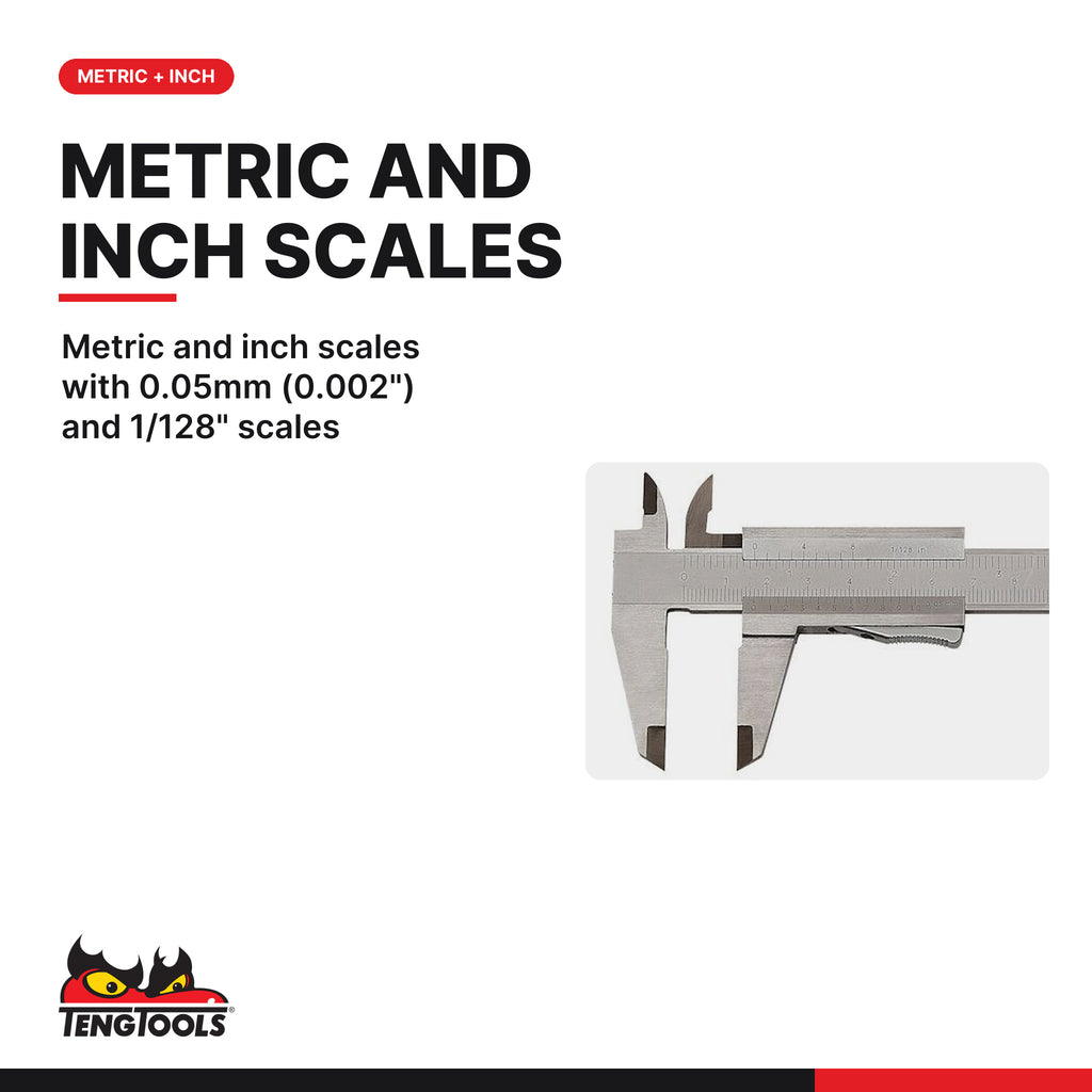 Teng Tools CALV150 0-150 mm Vernier Caliper, metric and inch scales with 0.05mm (0.002") and 1/128" scales