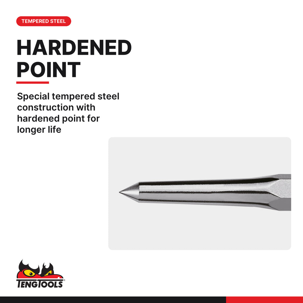 Teng Tools CP04 4-8mm Center Punch for Metal, special tempered steel construction with hardened point for longer life