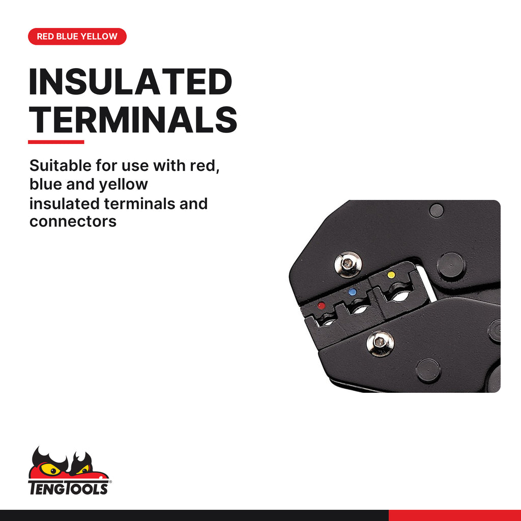 Teng Tools CP58 Heavy Duty Ratcheting Crimping Pliers, suitable for use with red, blue and yellow insulated terminals and