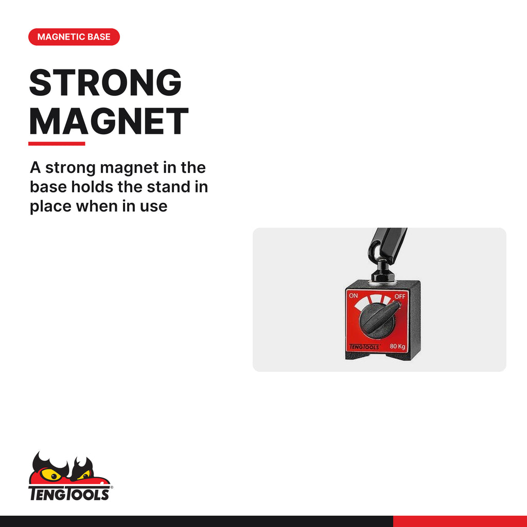 Teng Tools DGMM Magnetic Dial Indicator 0-10 mm, A strong magnet in the base holds the stand in place when in use