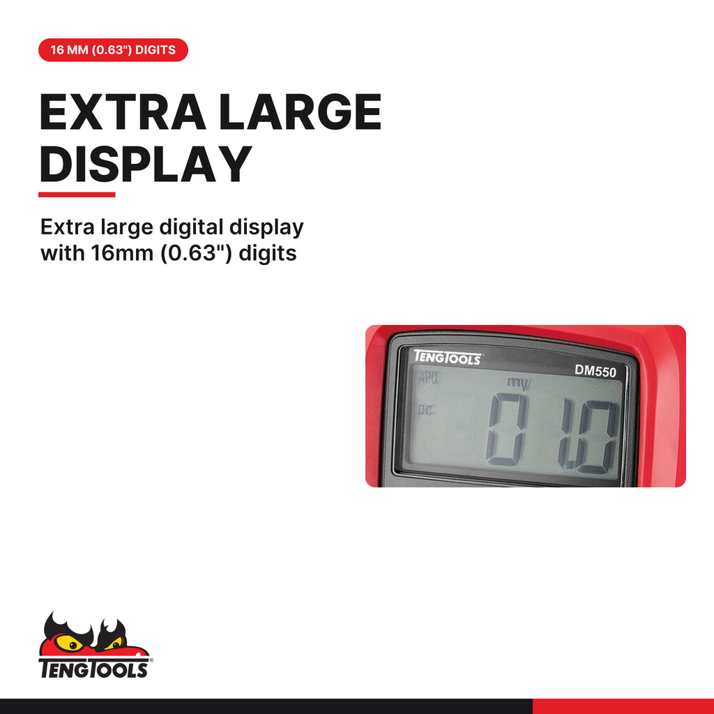 Teng Tools DM550 Digital Multimeter, extra large digital display with 16mm (0.63") digits