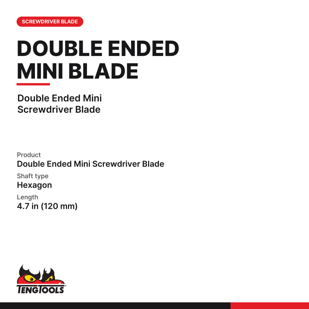 Teng Tools double ended mini screwdriver blade, flat x Phillips, double ended mini screwdriver blade with a hexagon shaft