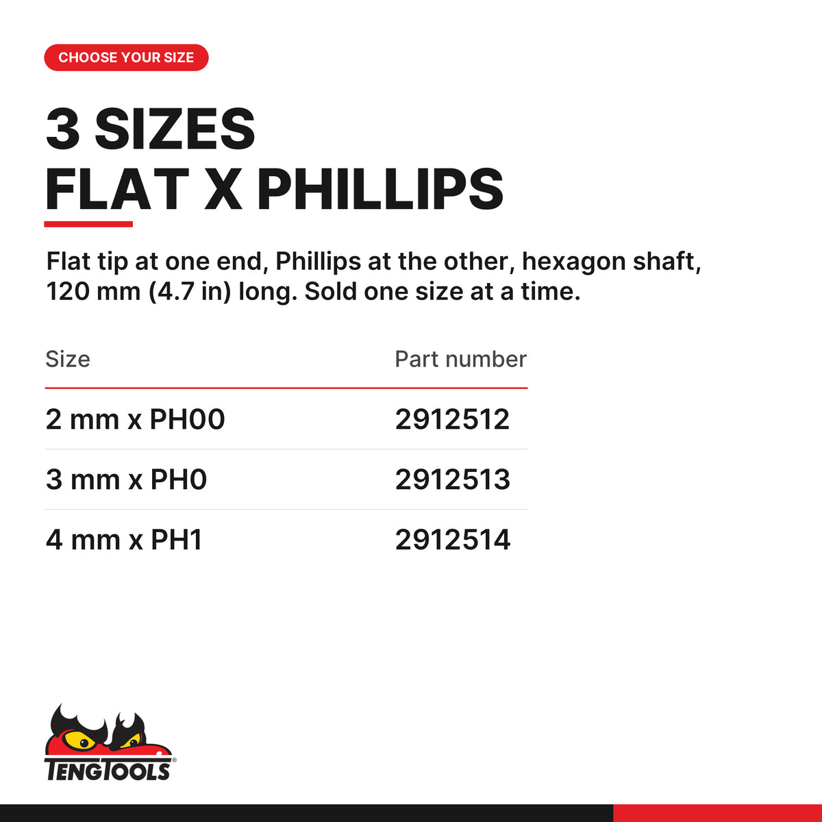 Teng Tools double ended mini screwdriver blade, flat x Phillips, three sizes 2 mm x PH00, 3 mm x PH0 and 4 mm x PH1, part