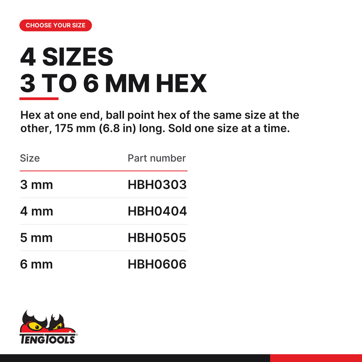 Teng Tools double ended screwdriver blade, hex and ball point hex, 3 to 6 mm, four sizes 3 to 6 mm, part numbers HBH0303 to