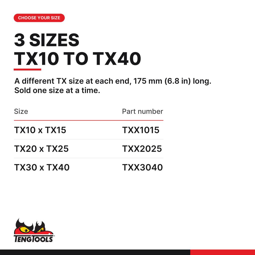 Teng Tools double ended TX screwdriver blade, TX10 to TX40, three sizes TX10 x TX15, TX20 x TX25 and TX30 x TX40, part