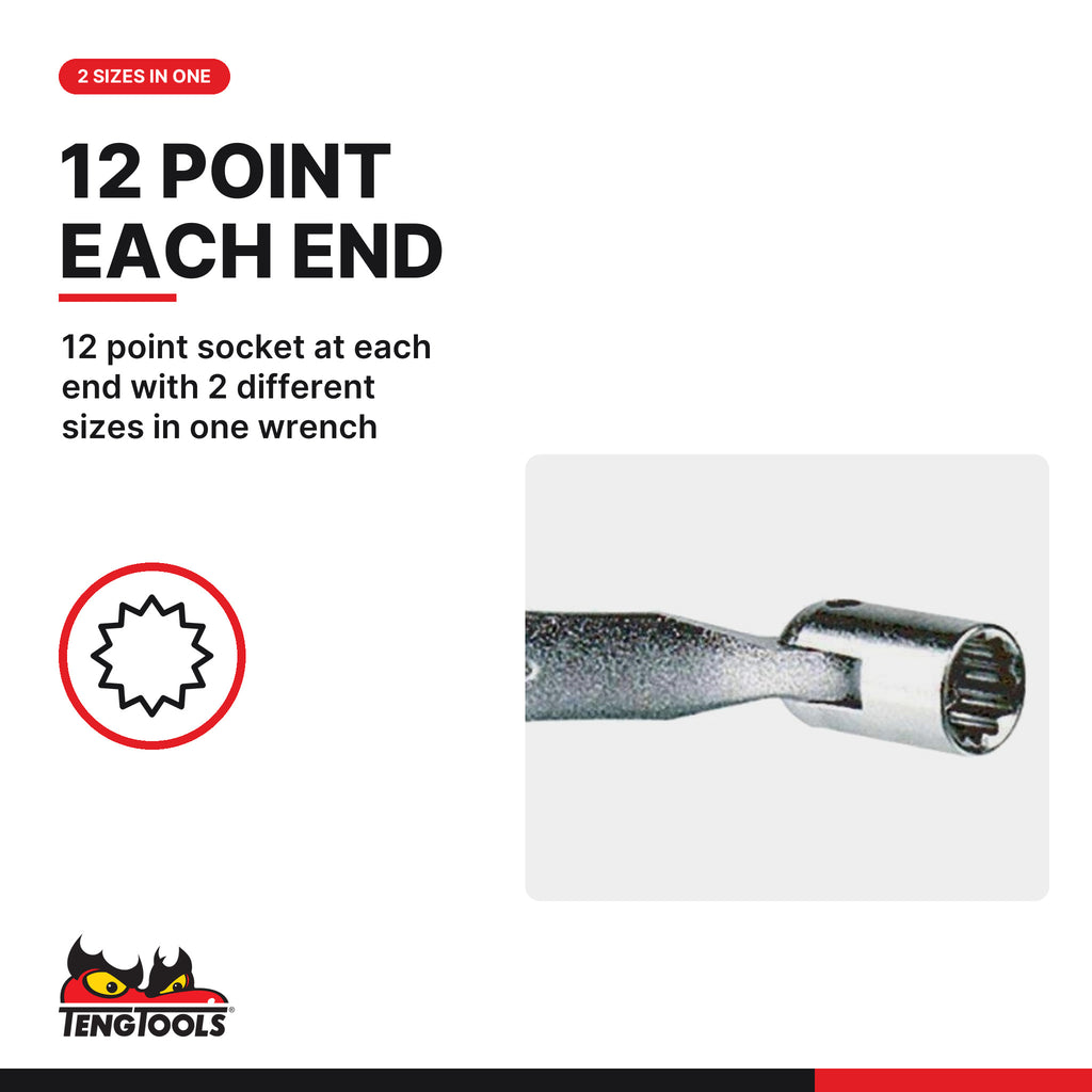 Teng Tools double flex wrench metric, 8 x 9 to 18 x 19 mm, 12 point socket at each end with 2 different sizes in one wrench