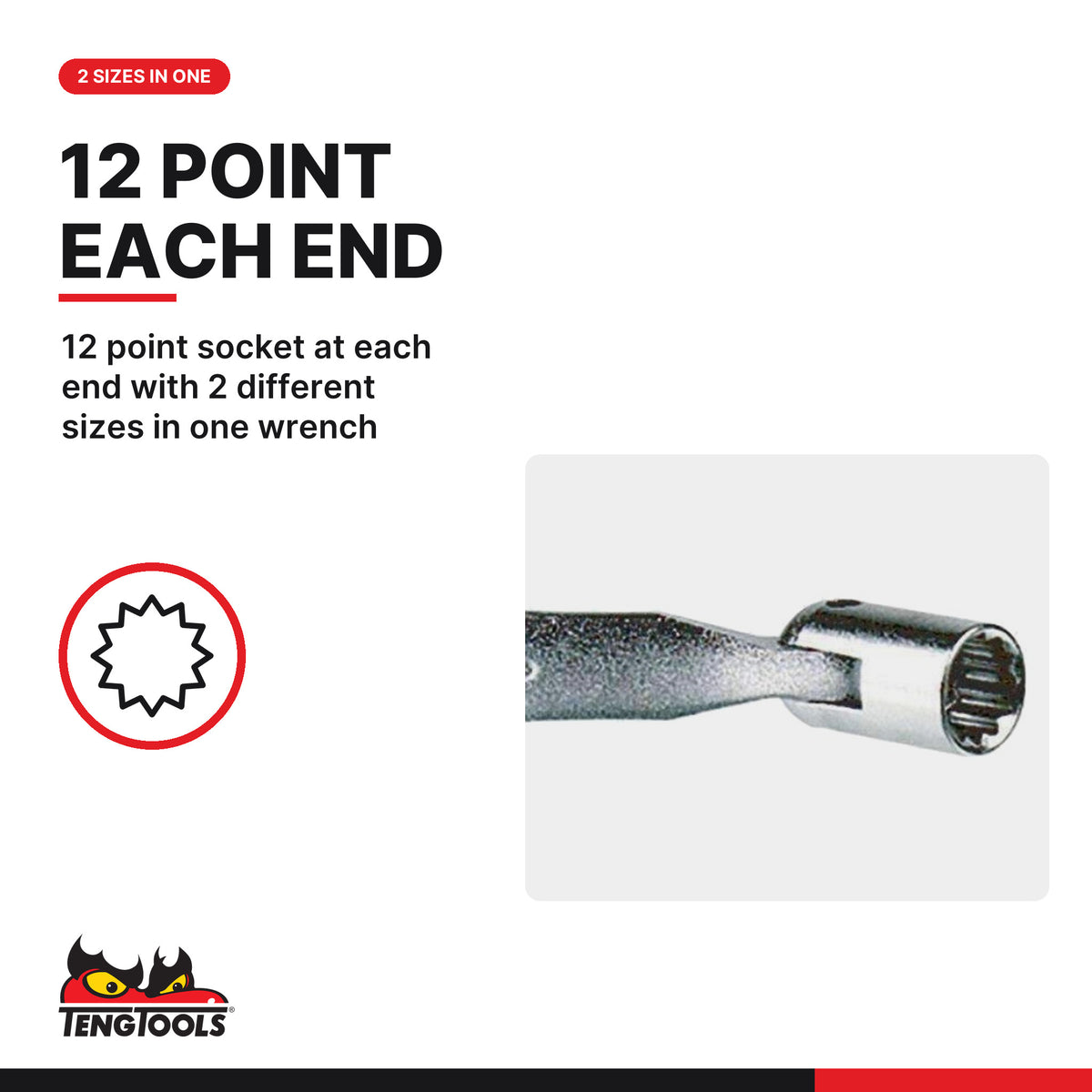 Teng Tools double flex wrench metric, 8 x 9 to 18 x 19 mm, 12 point socket at each end with 2 different sizes in one wrench