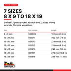 Teng Tools double flex wrench metric, 8 x 9 to 18 x 19 mm, seven sizes 8 x 9 mm to 18 x 19 mm, part numbers 650809 to 651819
