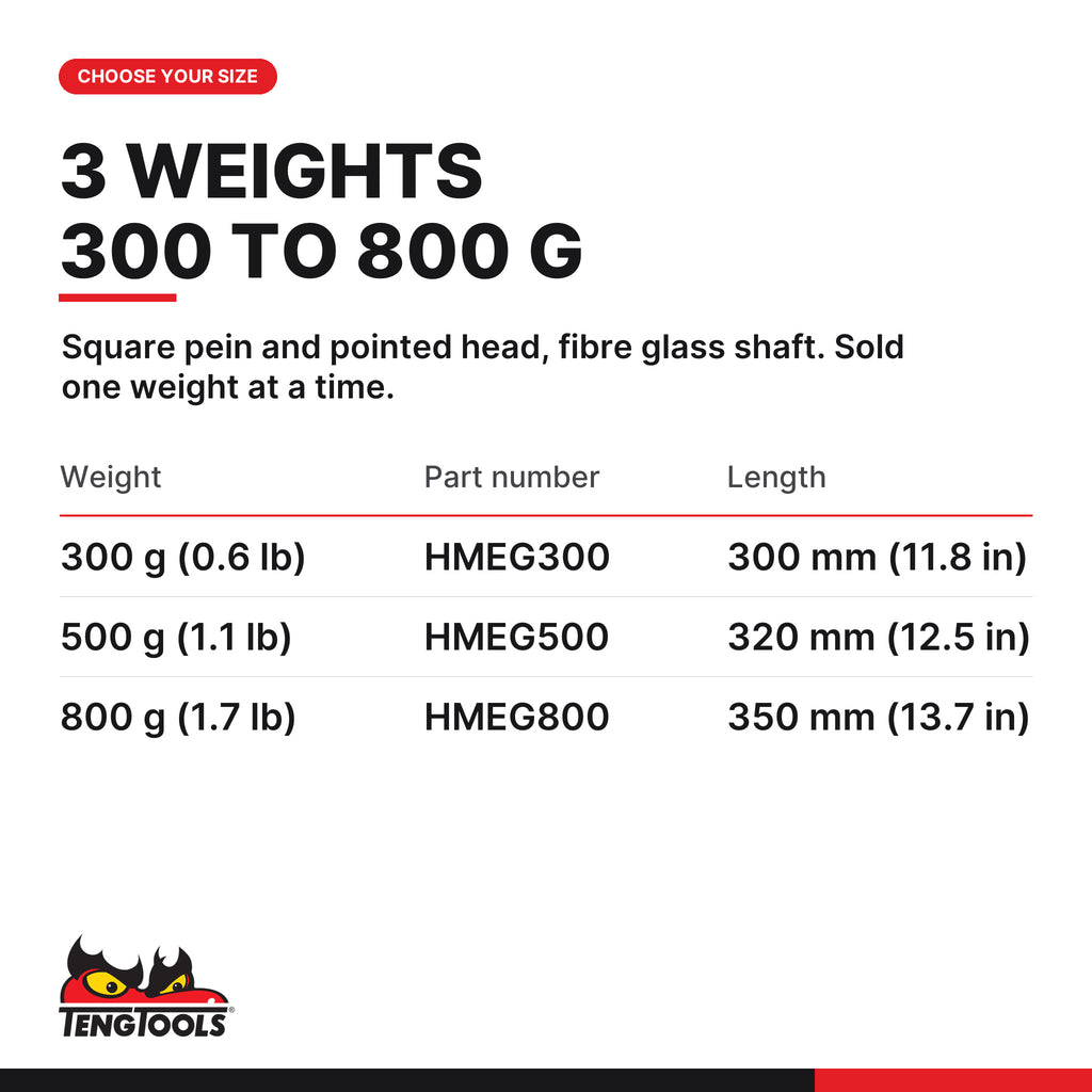 Teng Tools engineers hammer, 300 to 800 g, three head weights 300, 500 and 800 g, part numbers HMEG300 to HMEG800