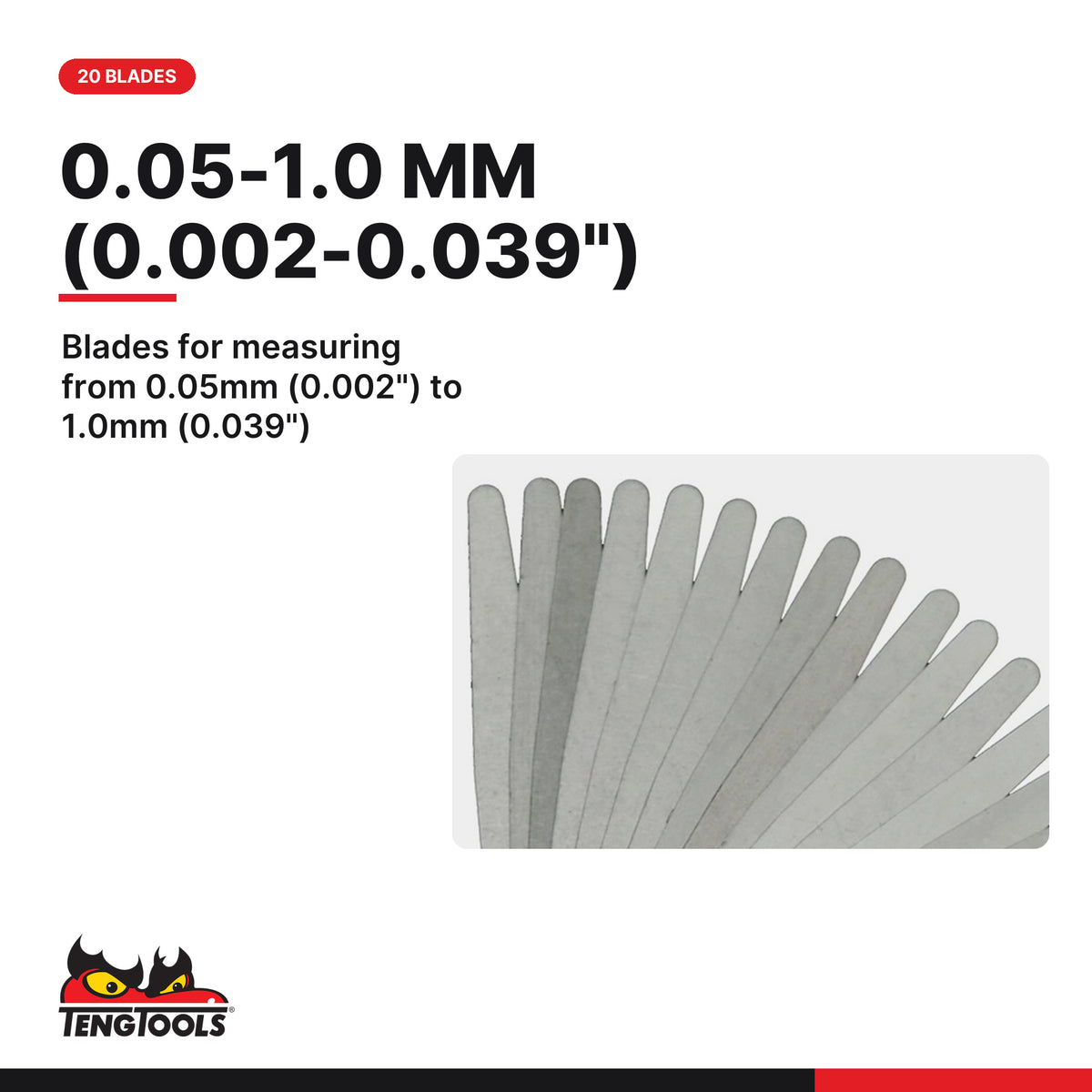 Teng Tools FG20100 Metric Feeler Gauge 0.05-1.0mm, blades for measuring from 0.05mm (0.002") to 1.0mm (0.039")