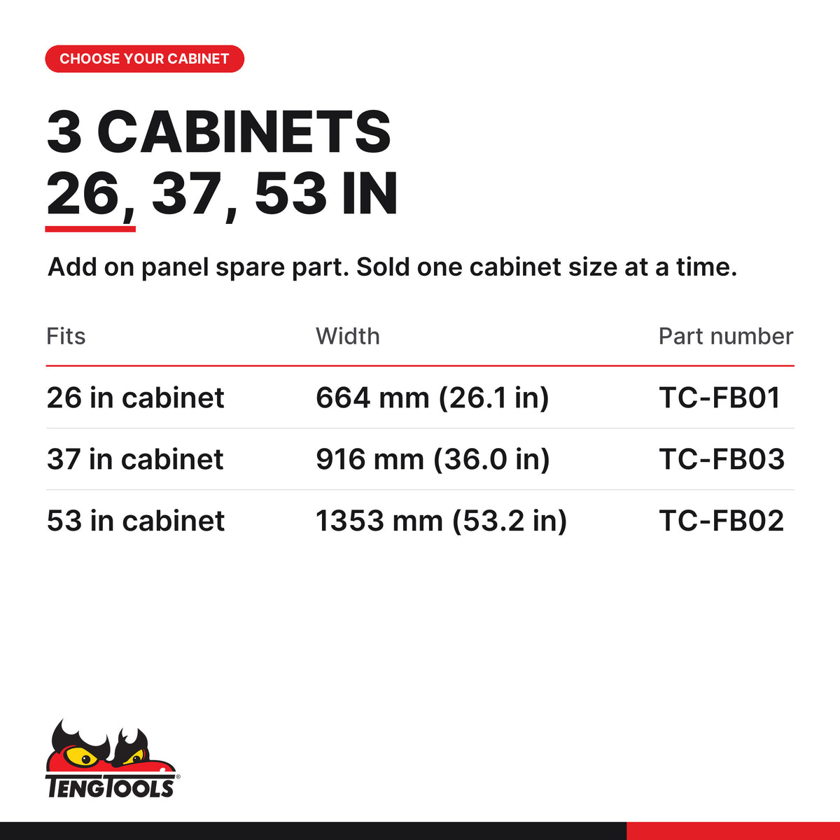 Teng Tools fixing bar for 26, 37 and 53 in cabinets, fits 26, 37 or 53 in cabinets, part numbers TC-FB01, TC-FB03 and TC-FB02