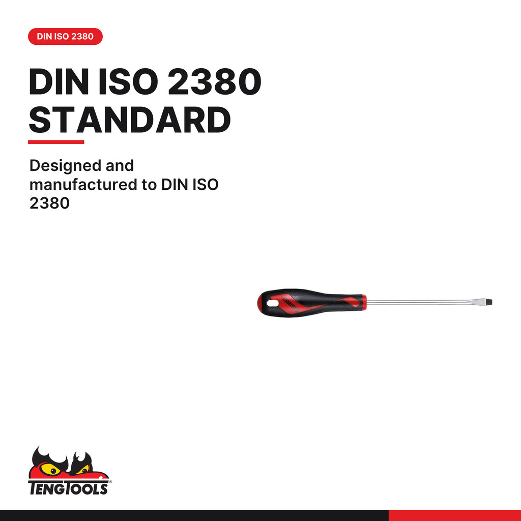 Teng Tools flat head slotted screwdriver, 2.5 to 10.0 mm tip, designed and manufactured to DIN ISO 2380