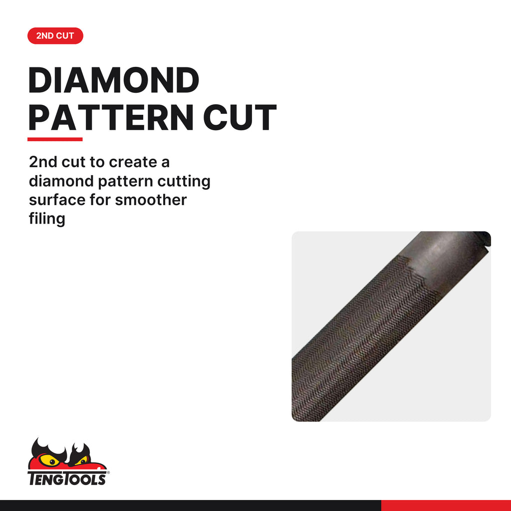 Teng Tools FLHR10 250 mm Half Round Hand File, 2nd cut to create a diamond pattern cutting surface for smoother filing