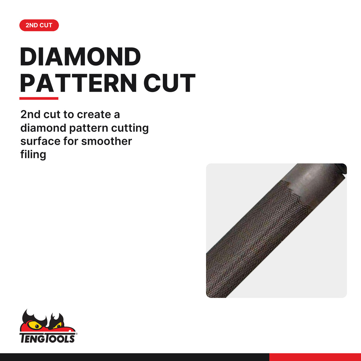 Teng Tools FLHR10 250 mm Half Round Hand File, 2nd cut to create a diamond pattern cutting surface for smoother filing
