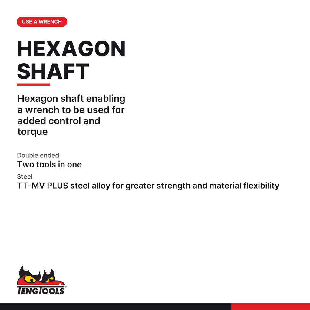 Teng Tools FTF4055 Double Ended Screwdriver Blade, hexagon shaft enabling a wrench to be used for added control and torque