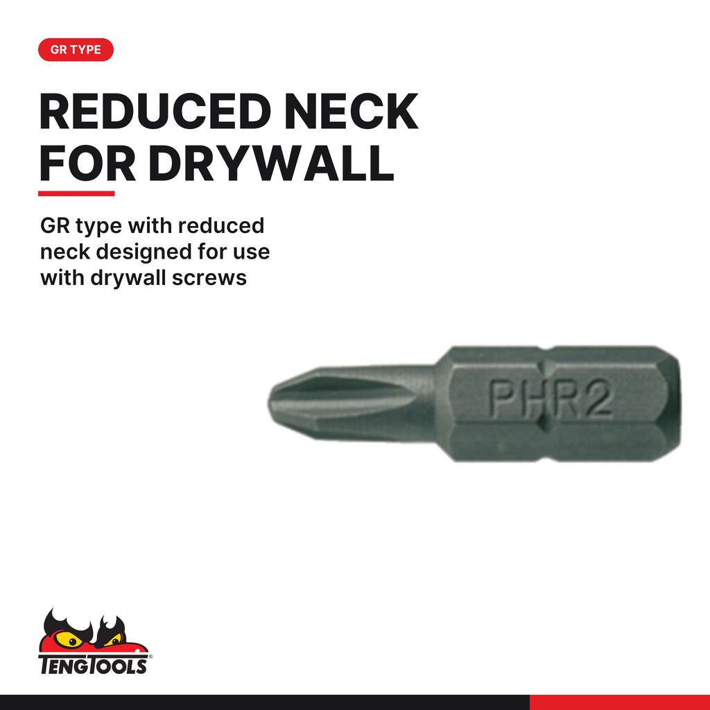 Teng Tools GR25002100 PH2G Phillips Screwdriver Bits, GR type with reduced neck designed for use with drywall screws