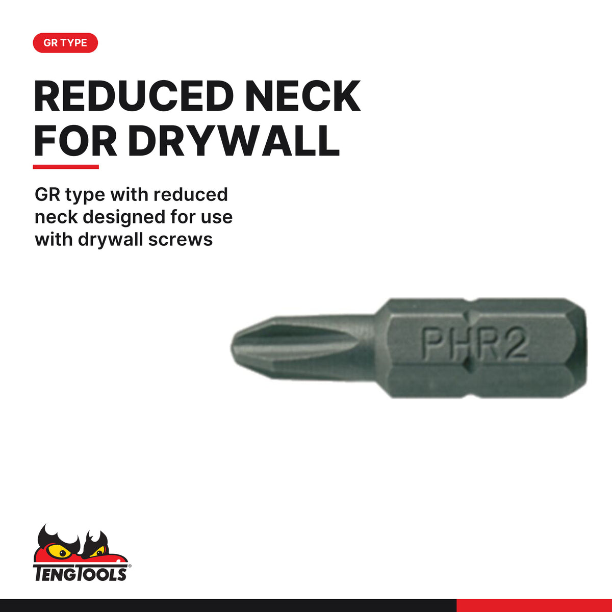 Teng Tools GR25002100 PH2G Phillips Screwdriver Bits, GR type with reduced neck designed for use with drywall screws