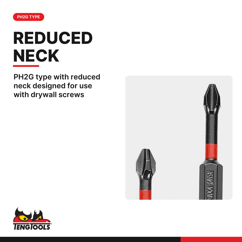 Teng Tools GRP3000205 1/4 Hex PH2G Phillips #2 Impact Bit 30 mm, PH2G type with reduced neck designed for use with drywall