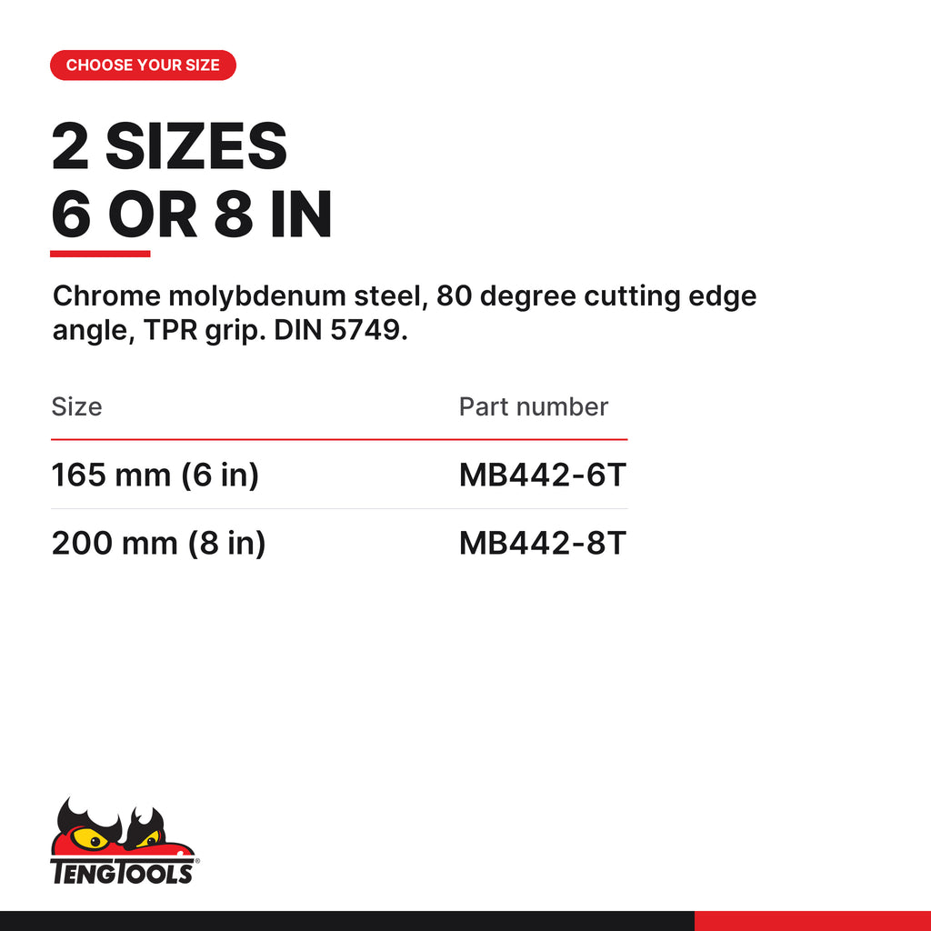 Teng Tools heavy duty side cutting plier with TPR grip, 165 and 200 mm, two sizes 165 mm (6 in) and 200 mm (8 in), part