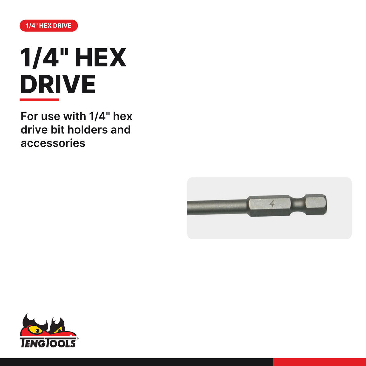Teng Tools HEX8900401 1/4 Hex Bits 89mm Hex 4mm ×1, for use with 1/4" hex drive bit holders and accessories