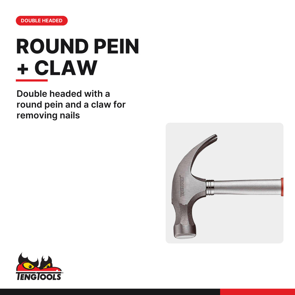 Teng Tools HMCH20A 20 oz Carpenters Claw Hammer, double headed with a round pein and a claw for removing nails