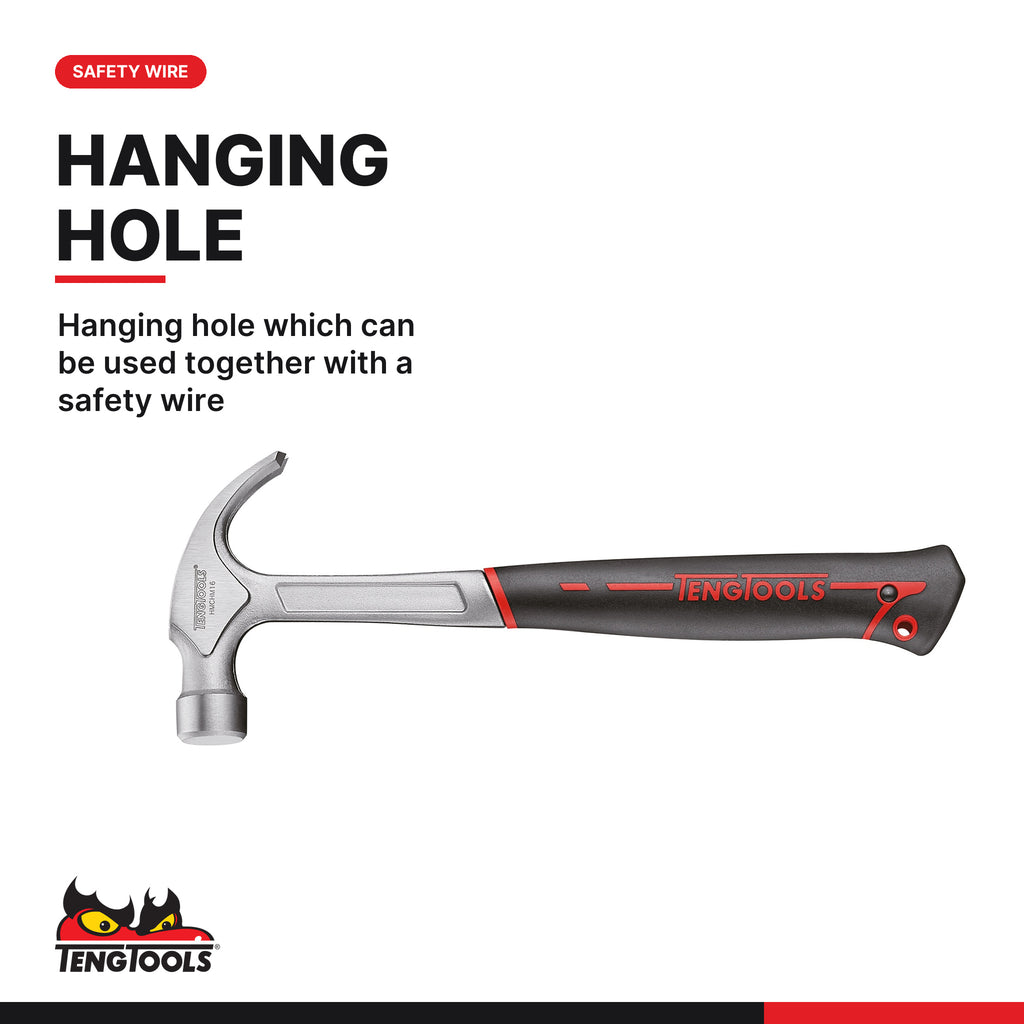 Teng Tools HMCHM16 16 oz Forged Steel Claw Hammer, hanging hole which can be used together with a safety wire