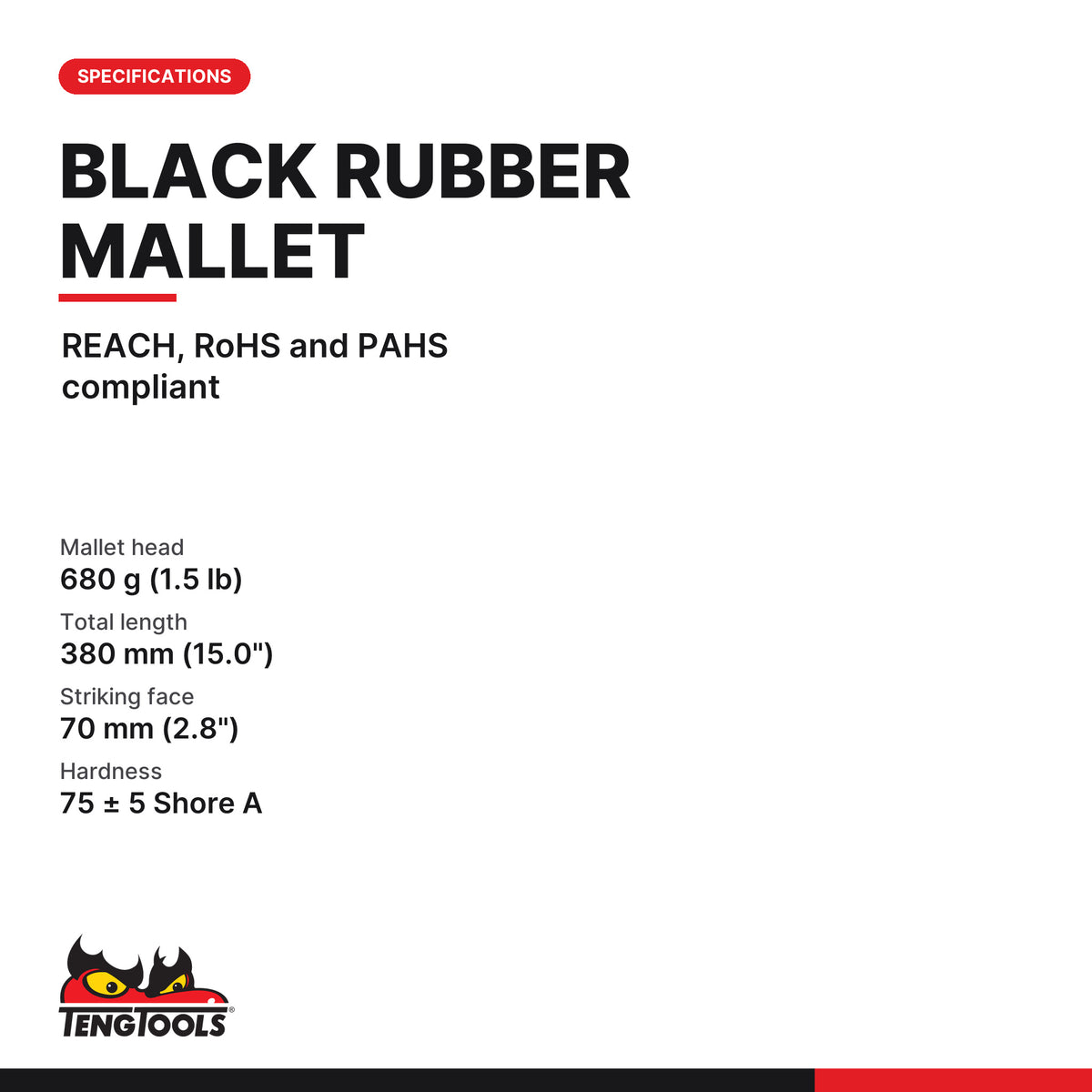 Teng Tools HMRM70 Rubber Mallet Black 70 mm, REACH, RoHS and PAHS compliant