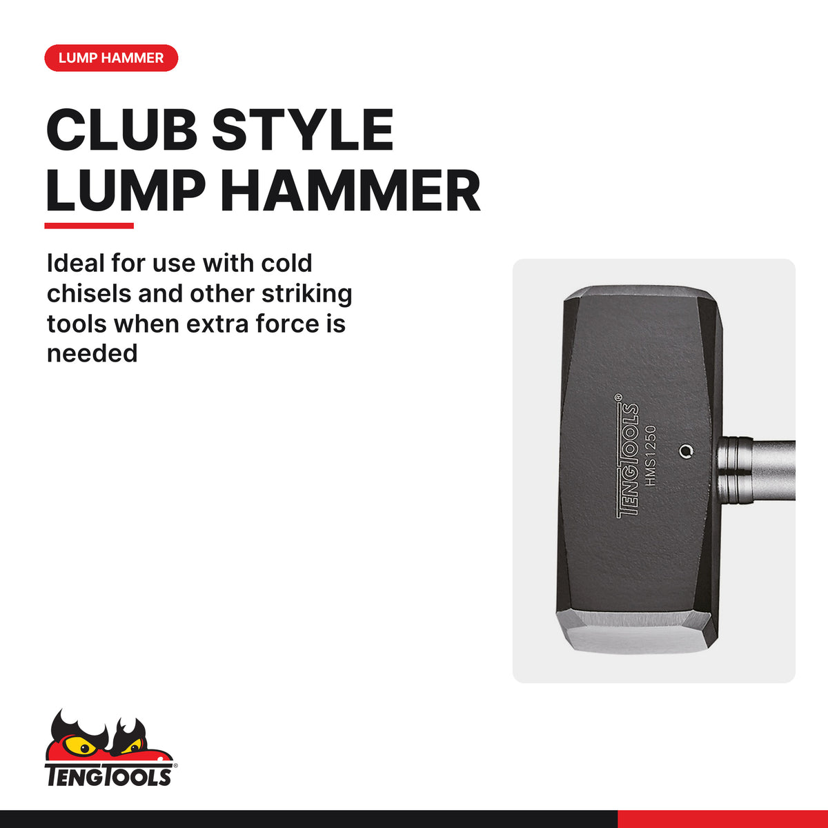 Teng Tools HMS1250 1250g Lump Hammer with Round Face and Fiberglass, ideal for use with cold chisels and other striking