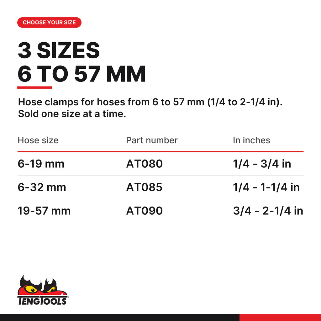 Teng Tools hose clamp, 6-19, 6-32 and 19-57 mm, three sizes 6-19, 6-32 and 19-57 mm, part numbers AT080, AT085 and AT090