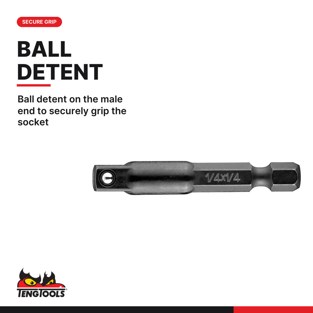 Teng Tools IBA14 1/4" Hex to 1/4" Square Drive Impact Bit Adaptor, ball detent on the male end to securely grip the socket