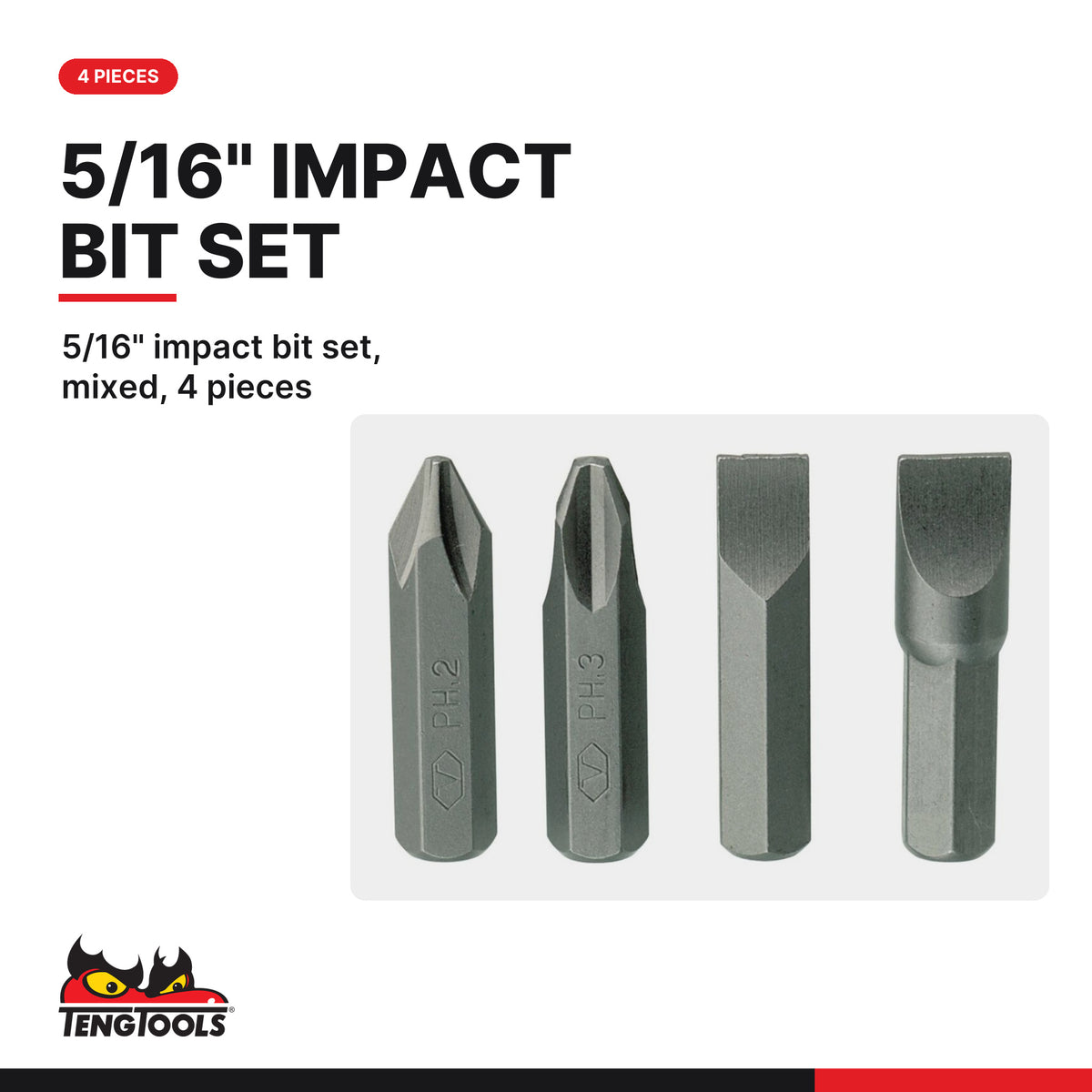 Teng Tools ID506BIT 5/16 Inch Impact Bit Set, 5/16" impact bit set, mixed, 4 pieces