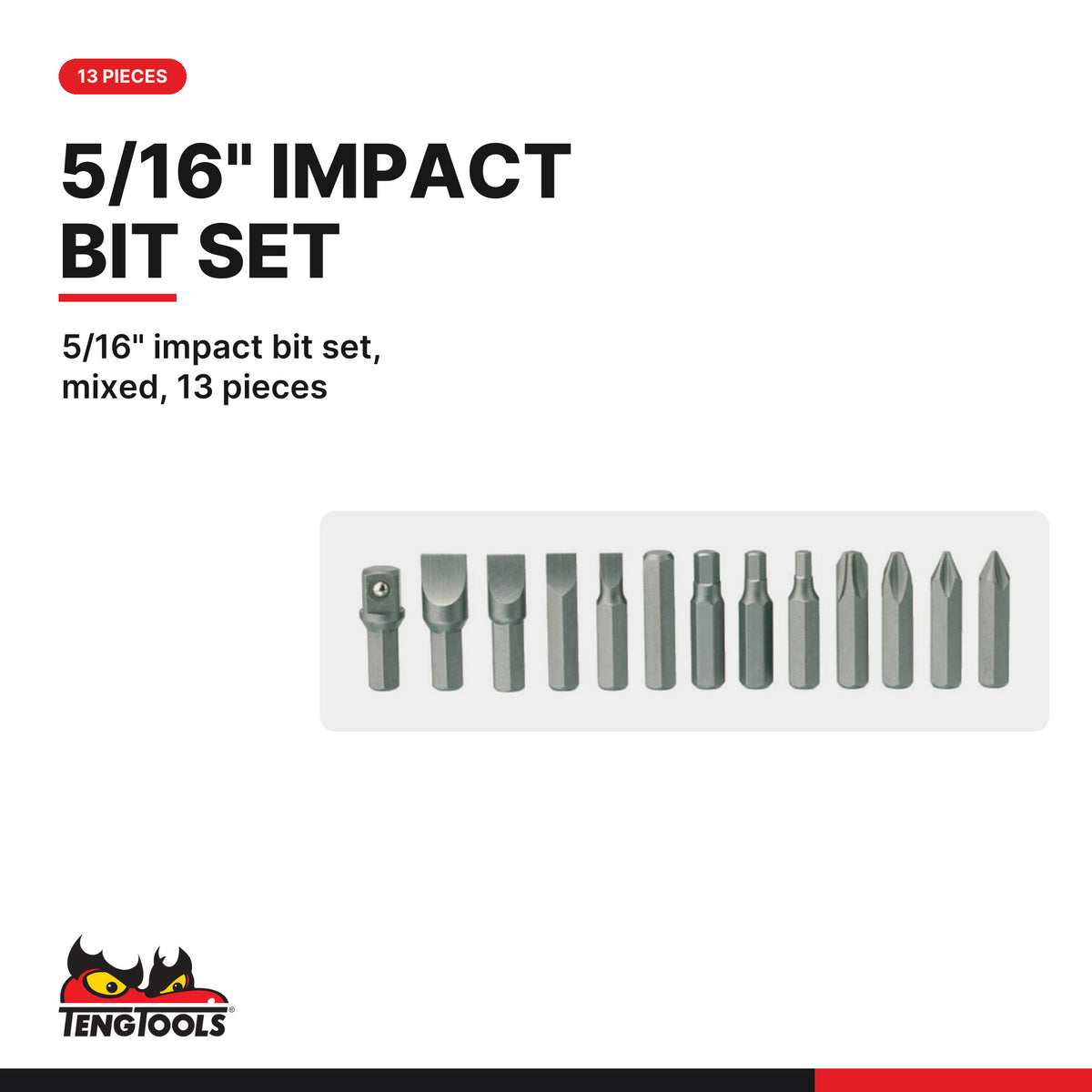Teng Tools ID515BIT 5/16 Inch Impact Bit Set Mixed 13 Pieces, 5/16" impact bit set, mixed, 13 pieces