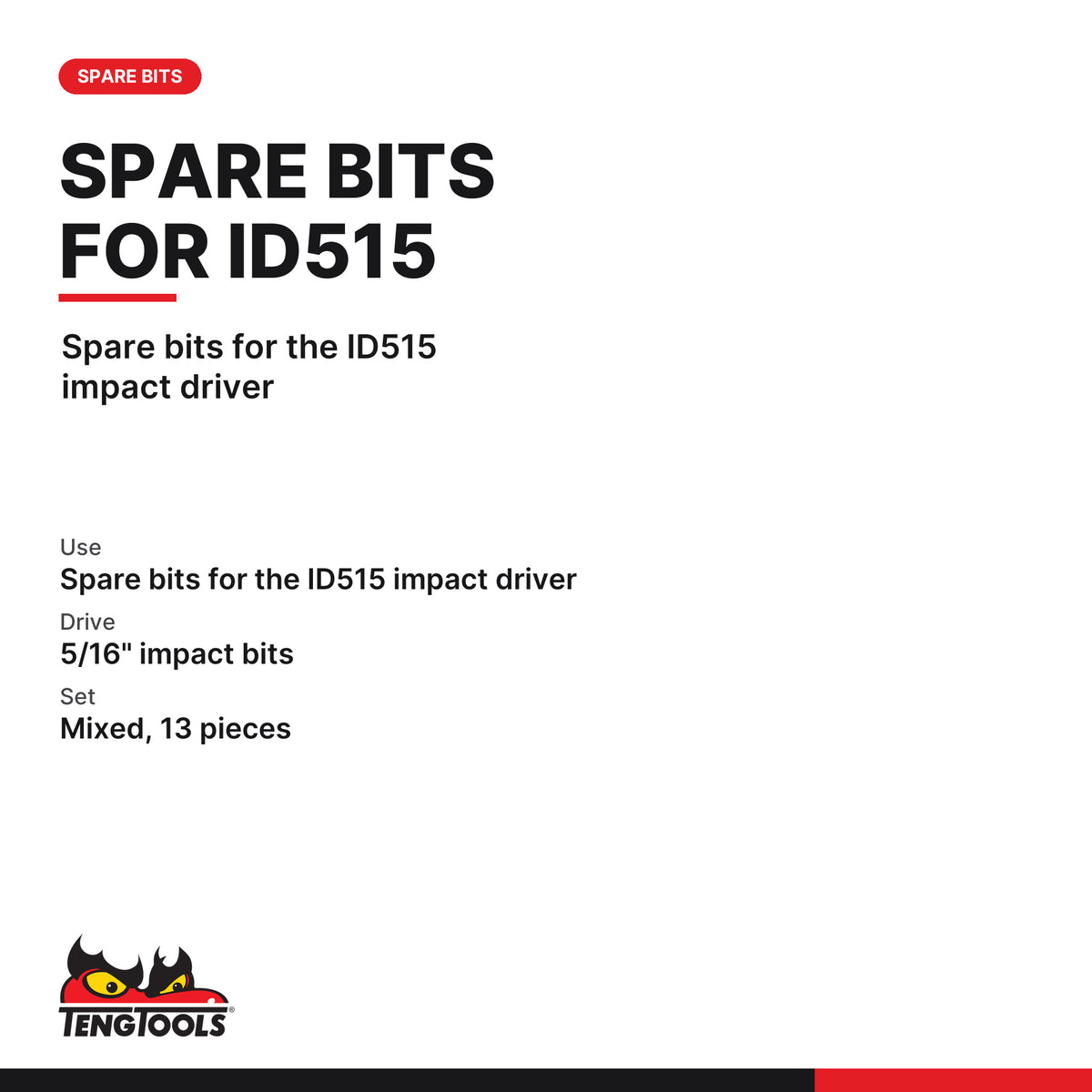 Teng Tools ID515BIT 5/16 Inch Impact Bit Set Mixed 13 Pieces, spare bits for the ID515 impact driver