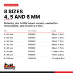 Teng Tools impact socket retaining pin, 4 x 33 mm to 6 x 110 mm, eight sizes 4 x 33 mm to 6 x 110 mm, part numbers P90433 to