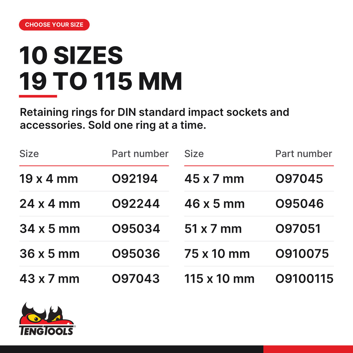Teng Tools impact socket retaining ring, 19 x 4 mm to 115 x 10 mm, ten sizes 19 x 4 mm to 115 x 10 mm, part numbers O92194